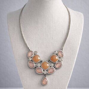Silver Statement Necklace – Peach & Pink Faceted Stones, Bib Drop Design